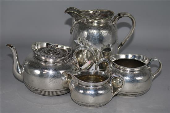 A Victorian silver three-piece tea service, London 1870, George Fox and a similar plated hot water pot